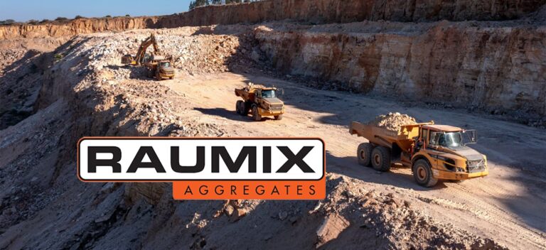 Raumix logo on top of an image of trucks transporting sand from a mine