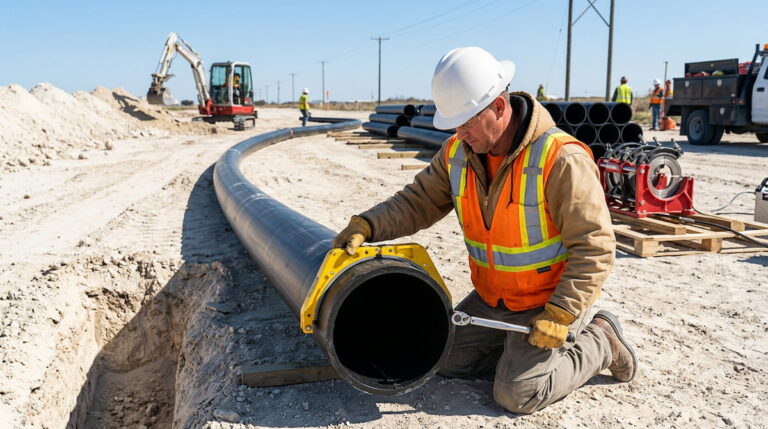 A qualified technician getting ready to install an HDPE pipe on site